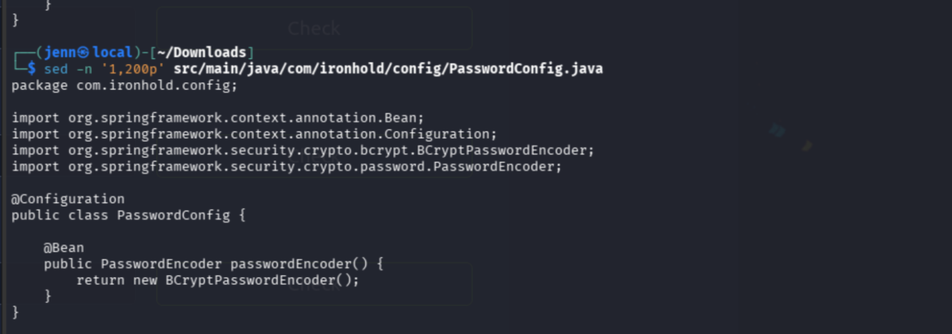 PasswordConfig.java showing BCrypt encoder configuration